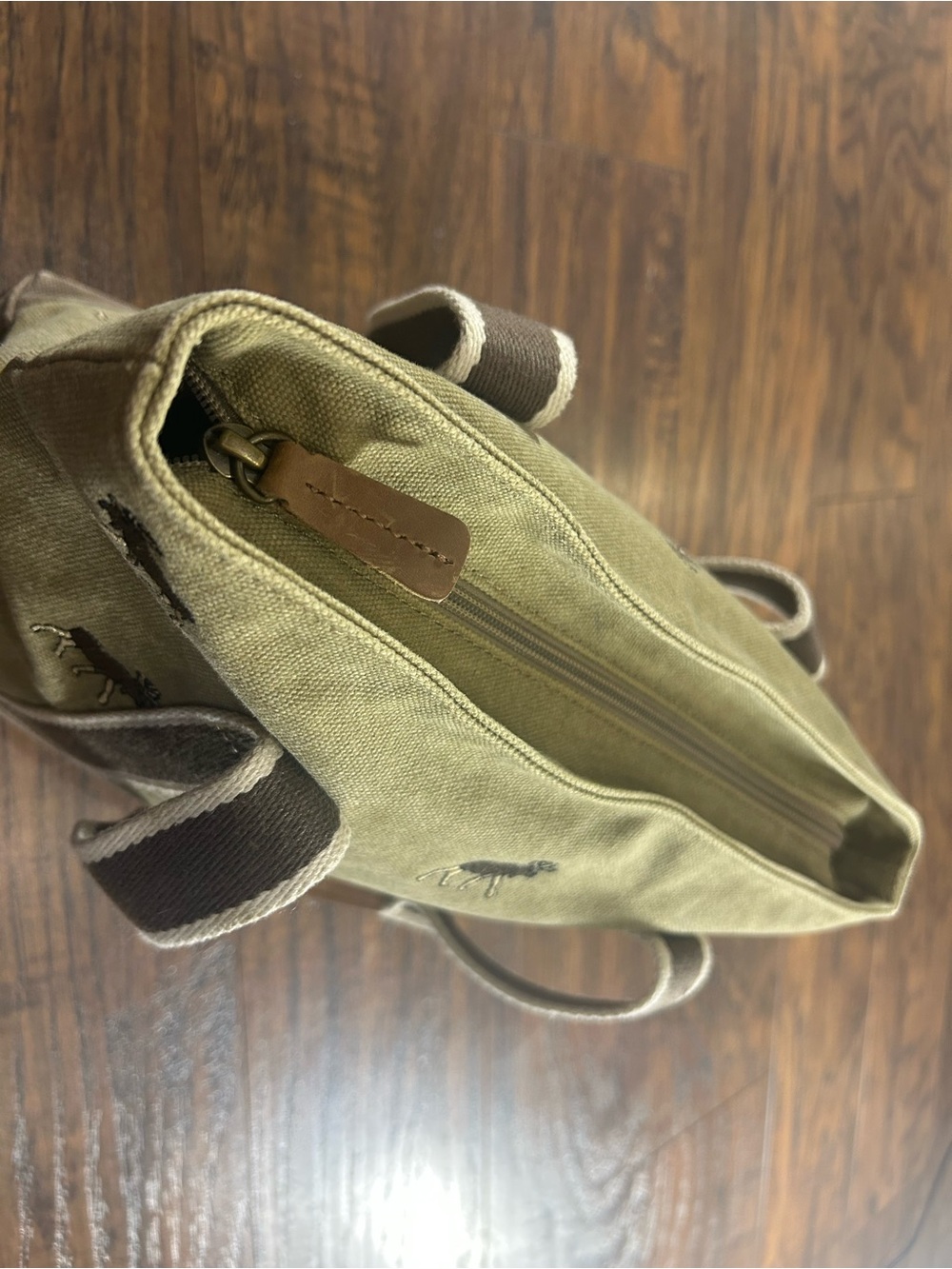 VINTAGE L.L.Bean Canvas Boat & Tote Moose Tan Brown Leather Trim Small Purse Bag - Picture 7 of 14